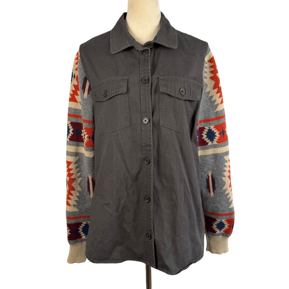 Southwestern Aztec Knit Long Sleeve Button Up‎ Shirt Jacket Womens XS Gray Boho
